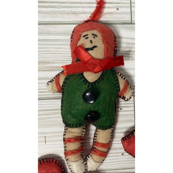 Handcrafted Felt Christmas Ornaments Set Of 7 With Santa & Elf Designs 1950's - Picture 2 of 5